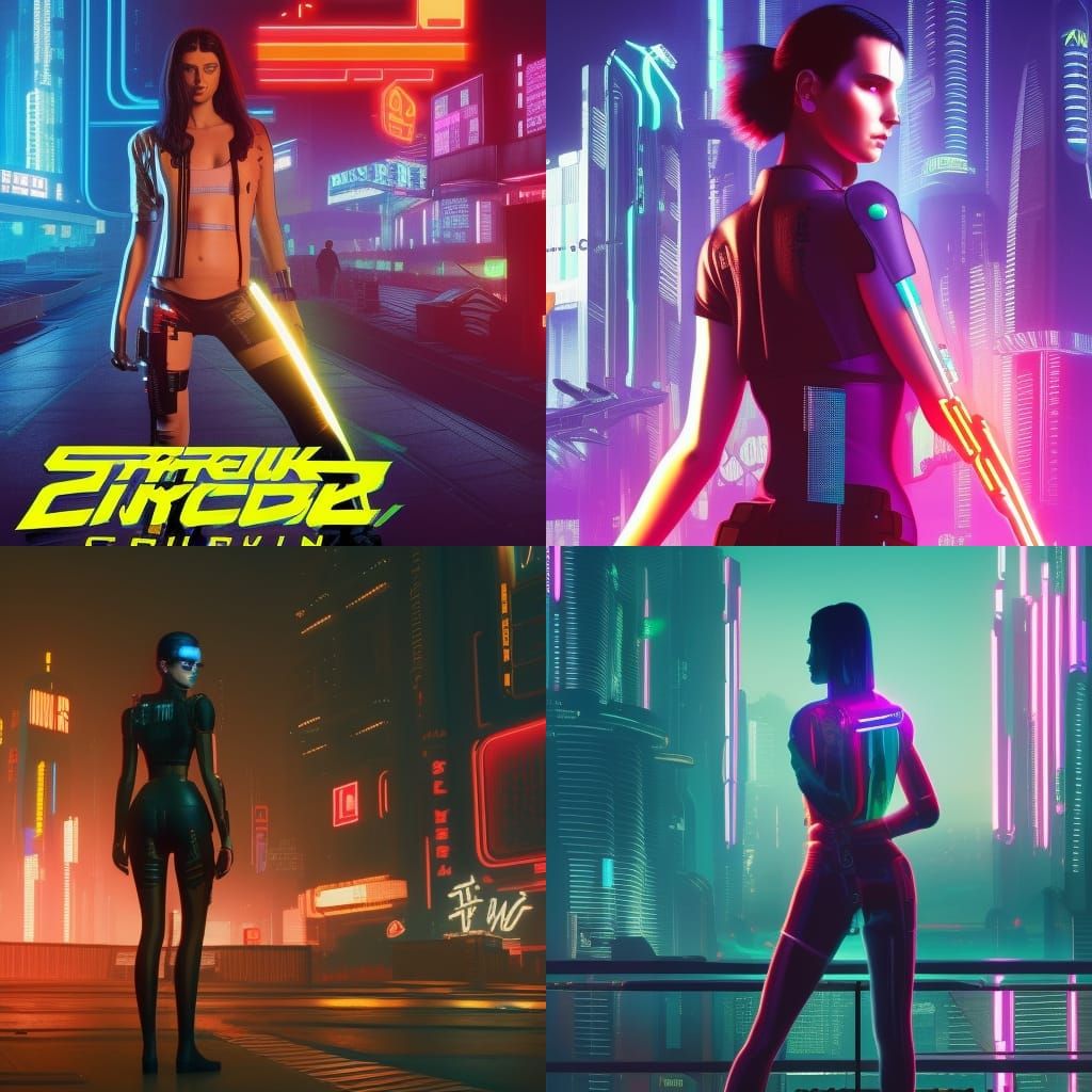 Cyberpunk Woman in Neon Night Cityscape