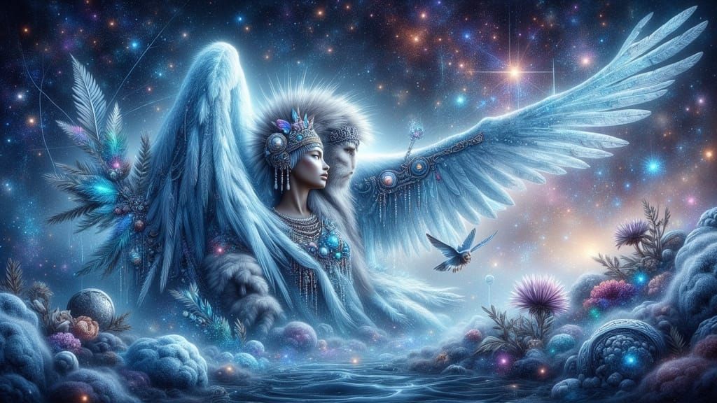 Surreal Angel Frozen in Luminous Iceberg Underwater