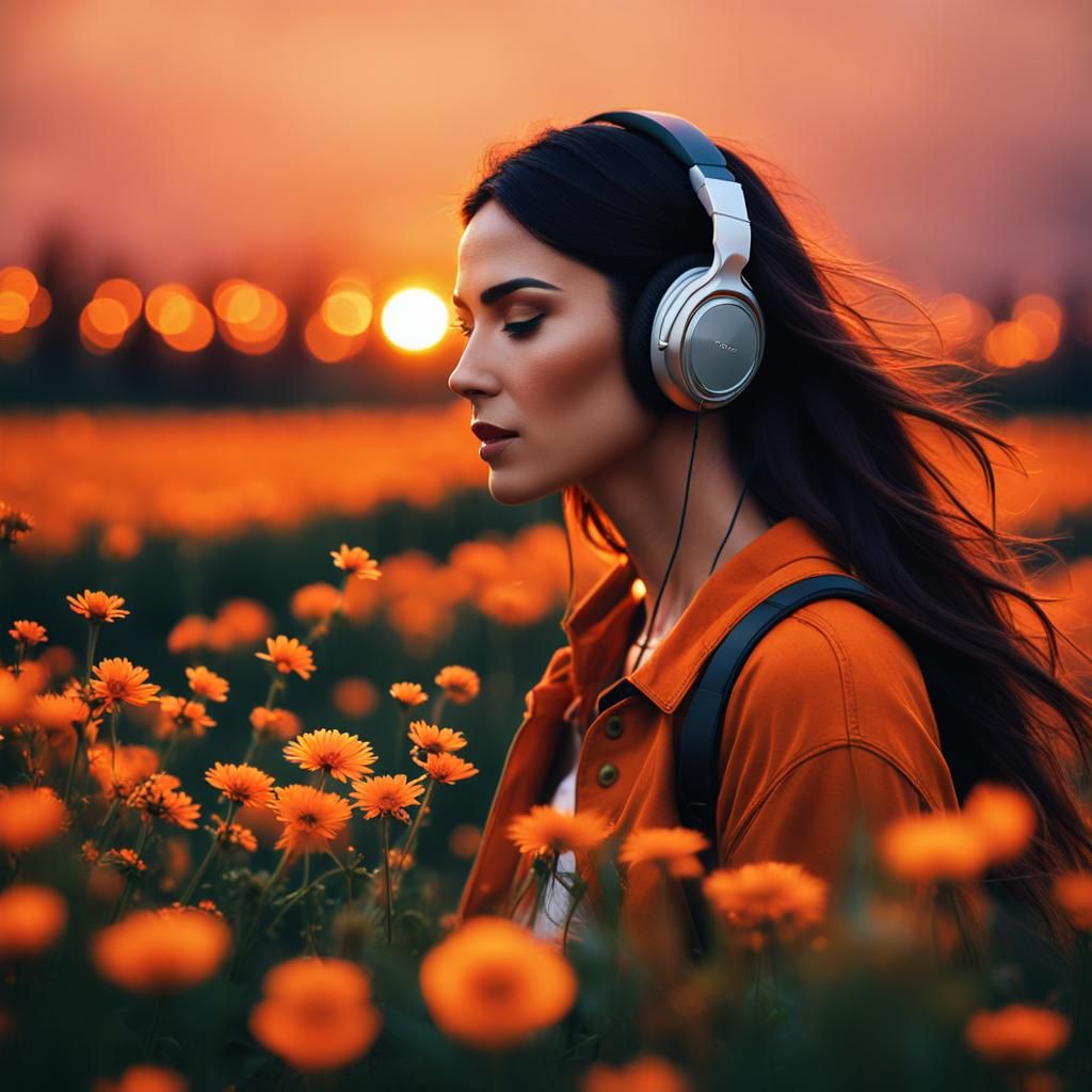 Woman Dancing in Sunset Flower Field