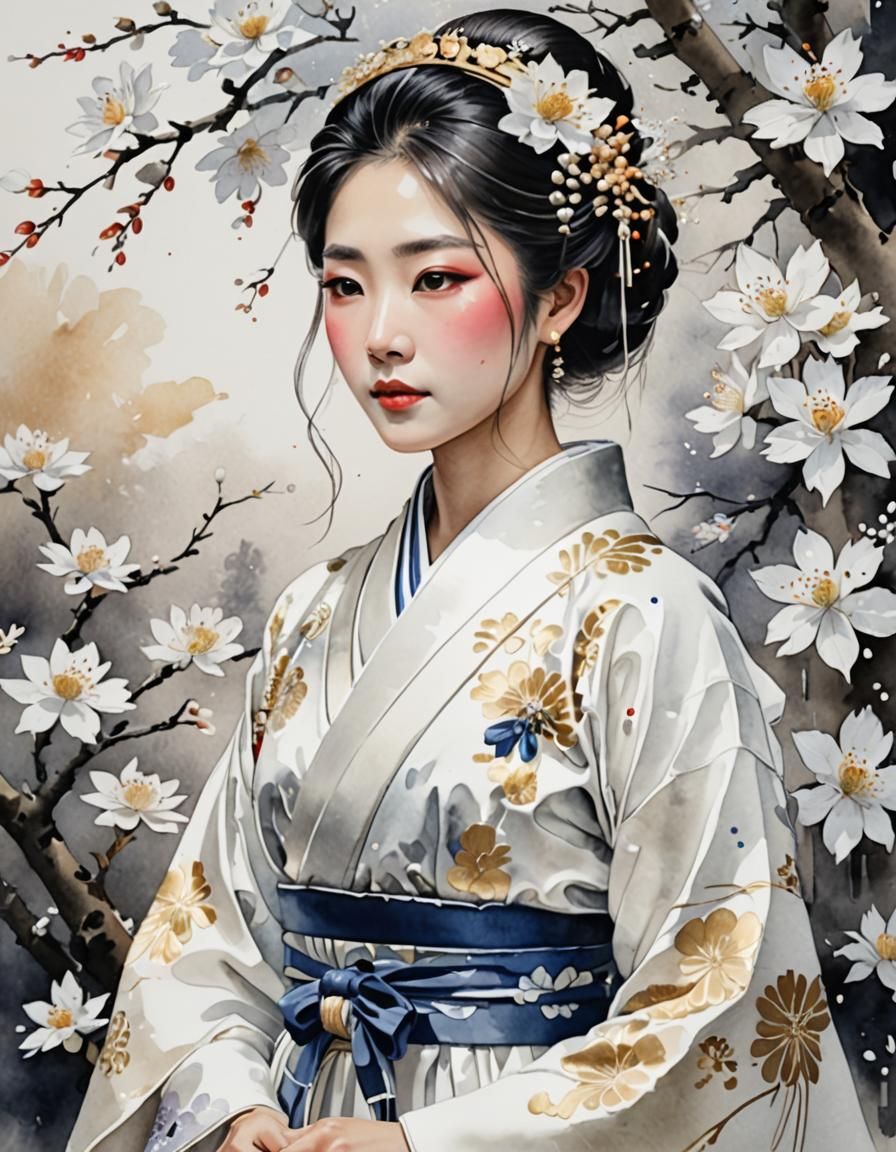Japanese Bride in Shiromuku: Watercolor Painting