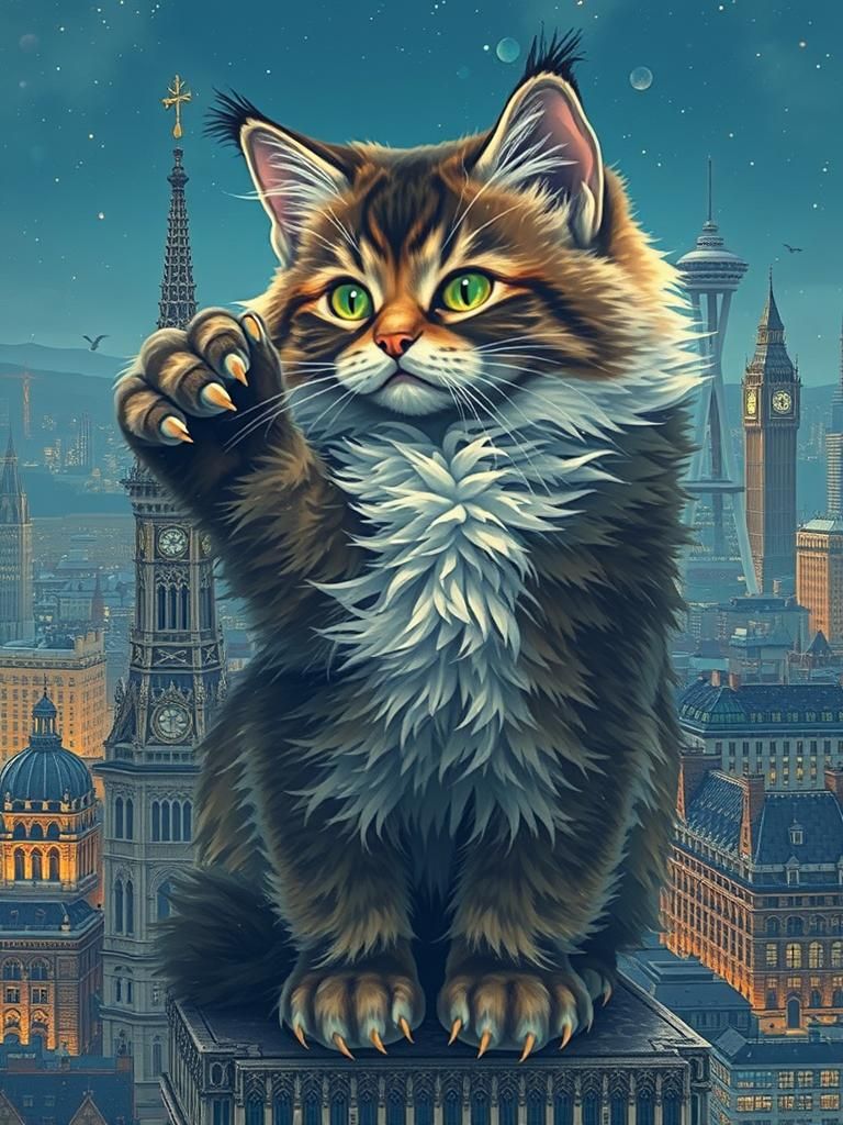 Colossal Kitten Knocks Over BT Tower at Night