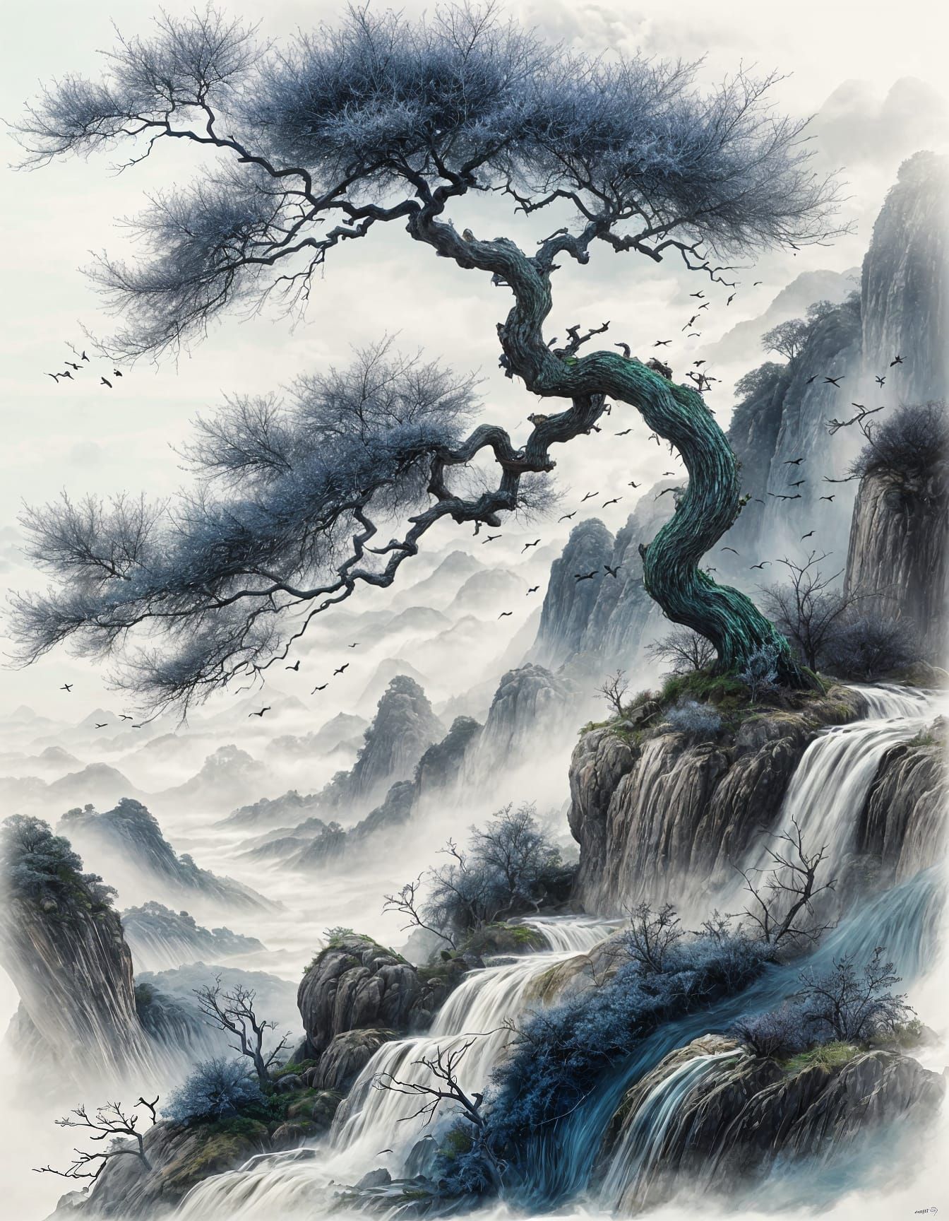 Tranquil Chinese Landscape with Ruyi Clouds and Twisted Tree