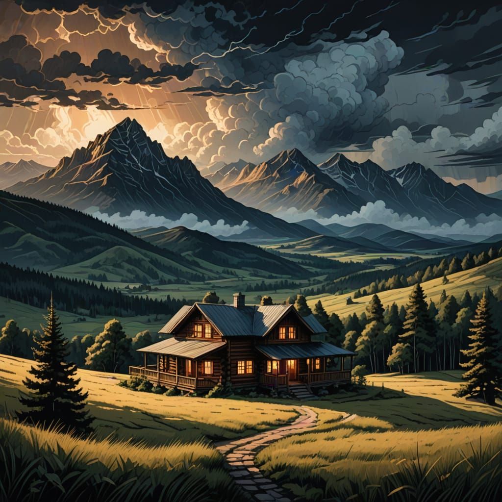 Modern Log Cabin Amidst a Stormy Mountain Valley in Vibrant ...