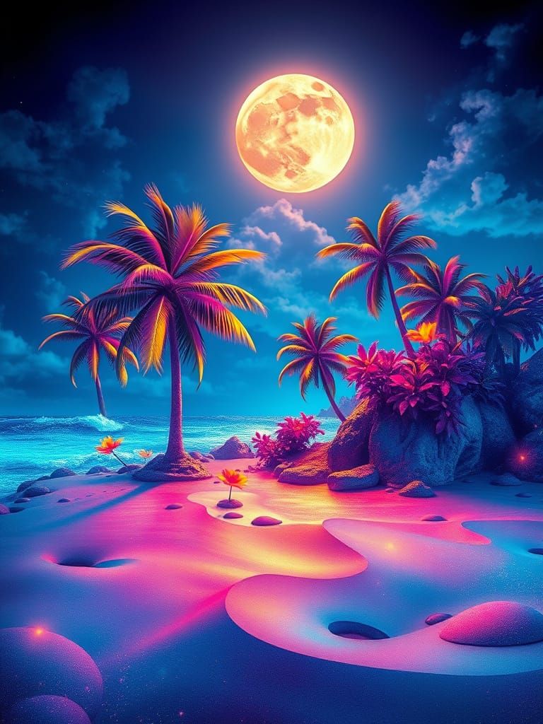 Bioluminescent Island Landscape with Fractal Palms