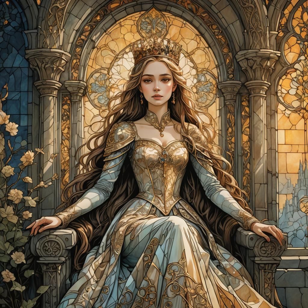 Princess on Throne in Arthur Rackham Style