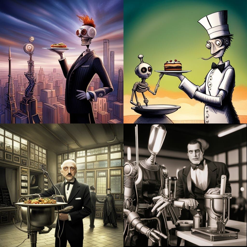 Retrofuturistic Robot Waiter in Tim Burton Style