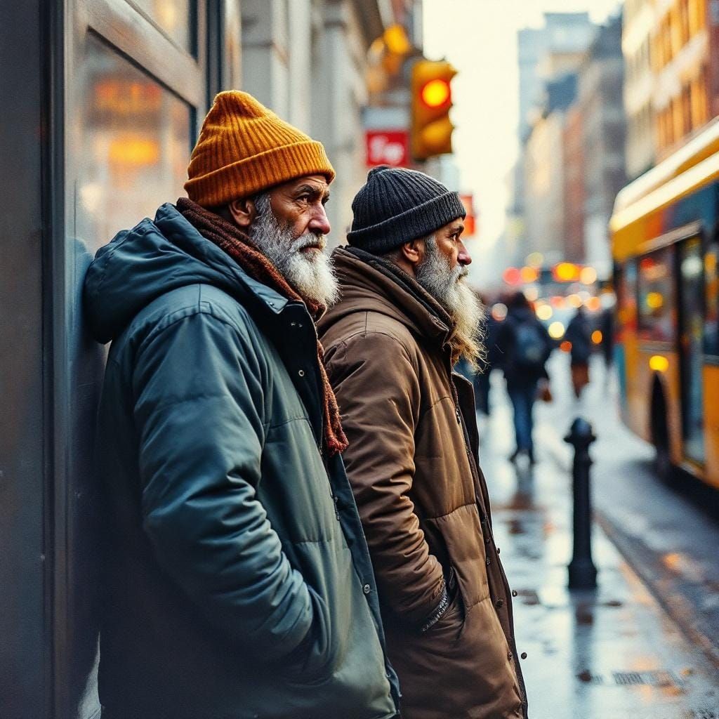 Homeless Couple Waiting for Bus in Impressionist Style