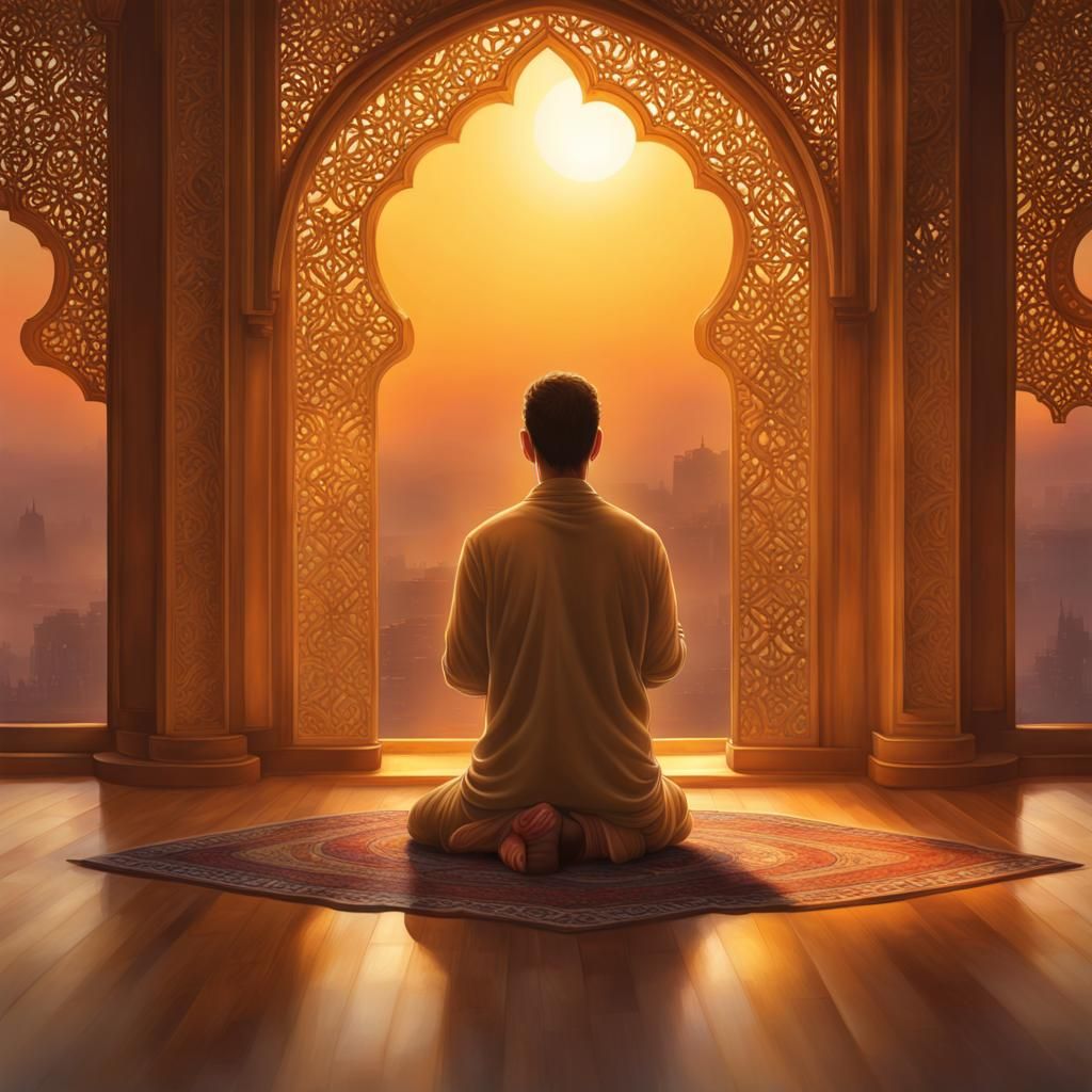 "Harmonious Radiance: Awakening the Soul in Ramadan" - A tranquil scene of a person in deep prayer at sunrise, surrounde...