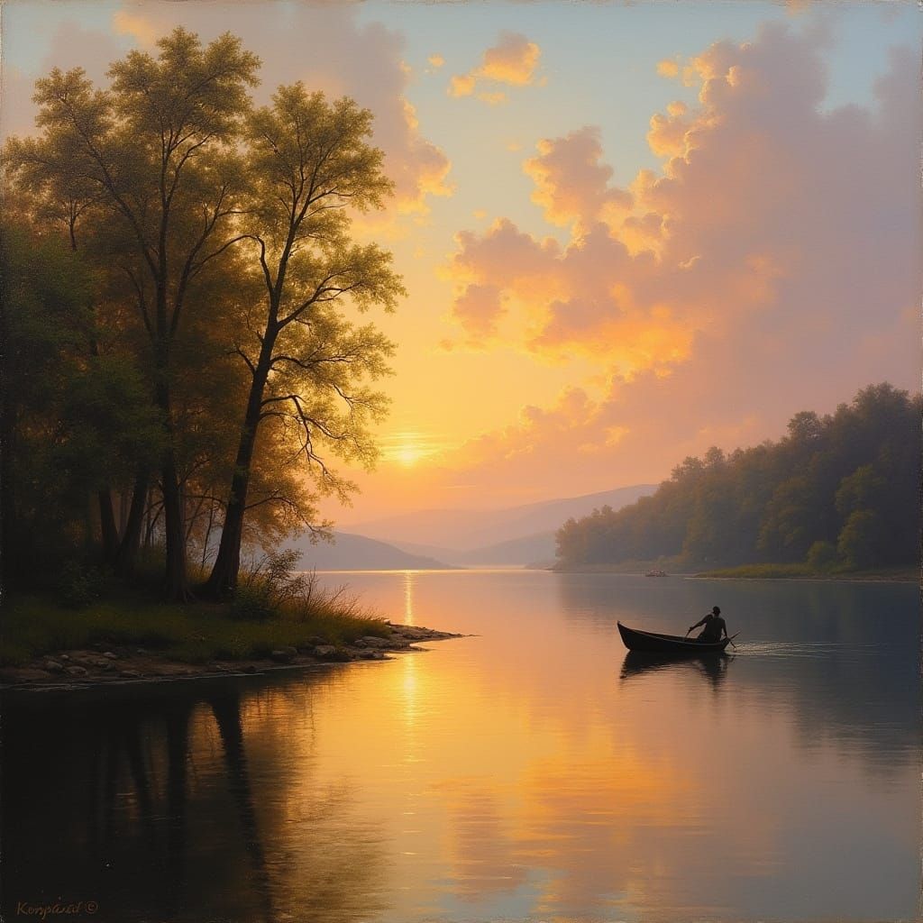 Tranquil Lake Sunset: A Classical Landscape Painting
