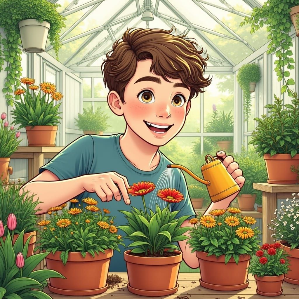Boy Waters Flowers in Lush Greenhouse Illustration