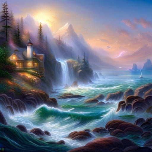 Humpback Whale Breaching in Ethereal Fantasy Landscape