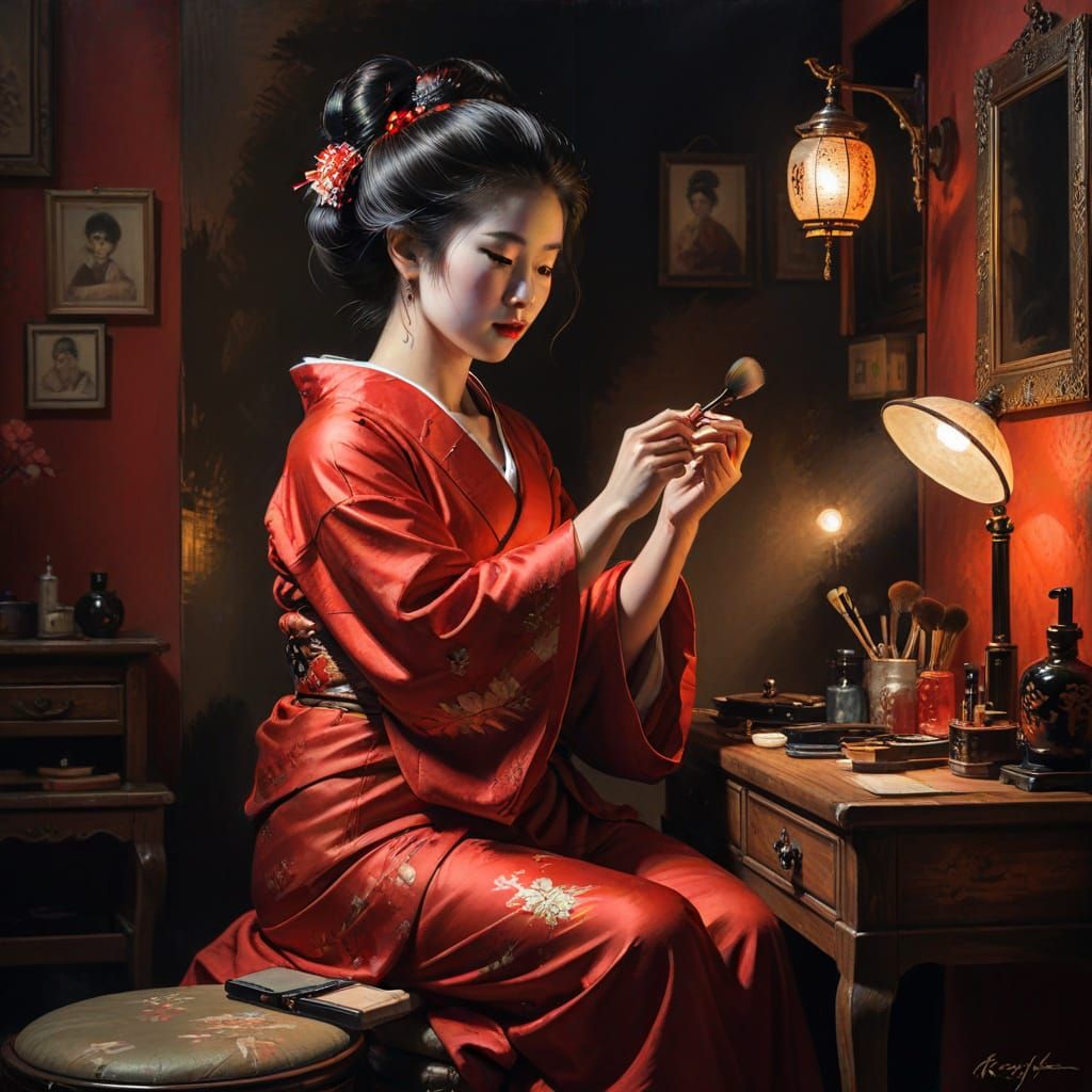 Geisha Applying Makeup in Painterly Oil Style
