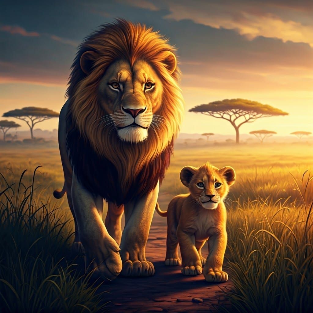 Majestic Lion Father and Son Stroll Through Vibrant African ...