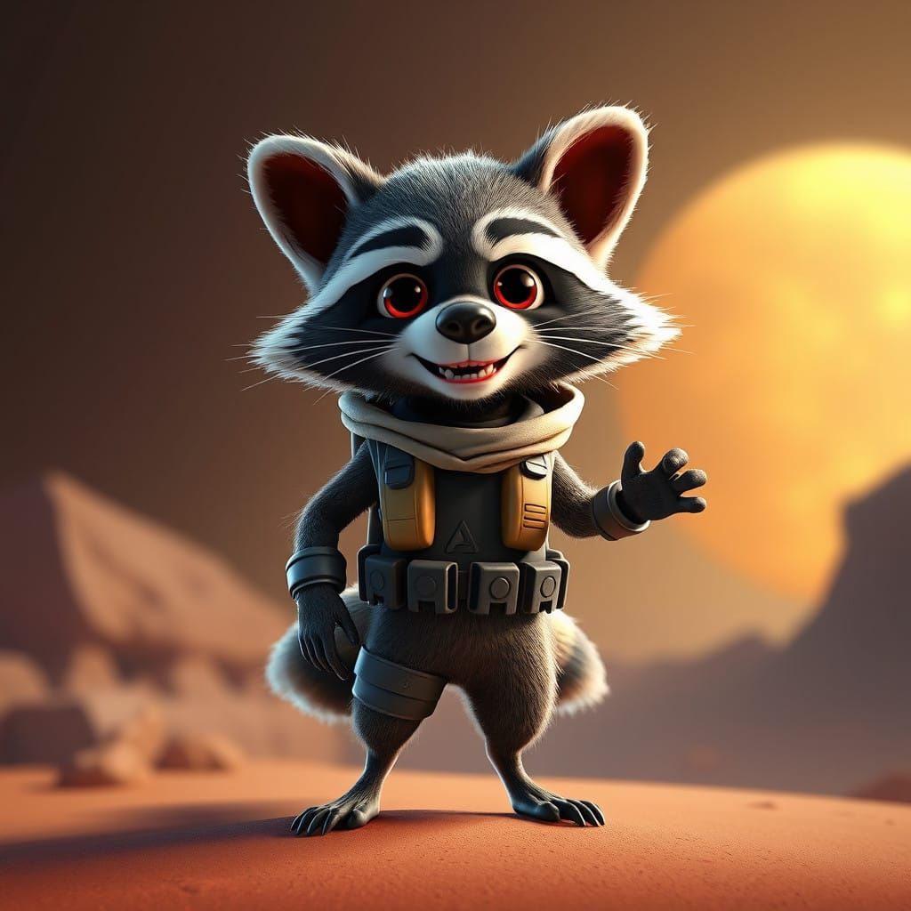 Energetic Raccoon in 3D Cartoon Pixar Style Wearing Mars Cos...