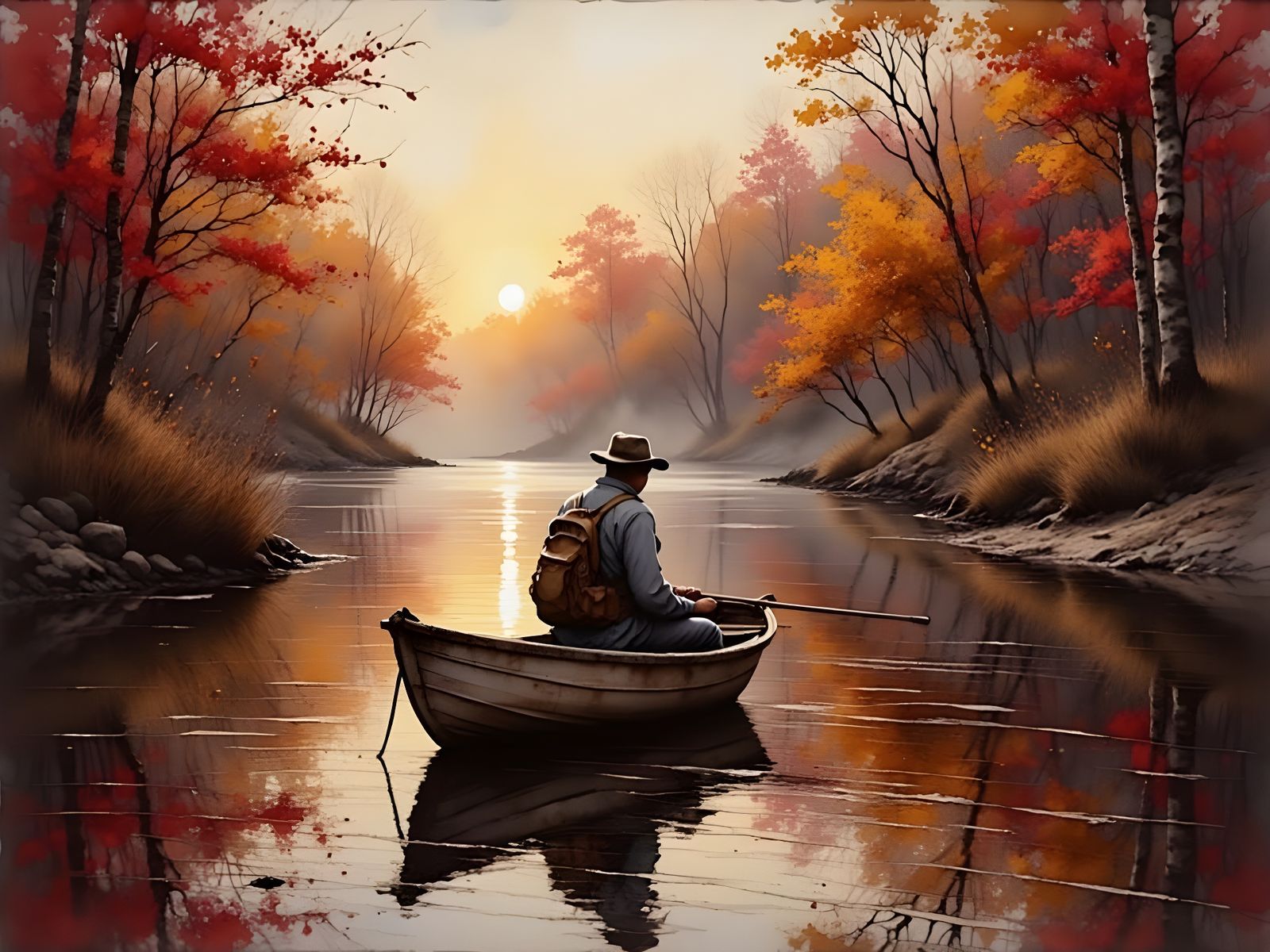 Fisherman's Serene Dawn on Autumn River