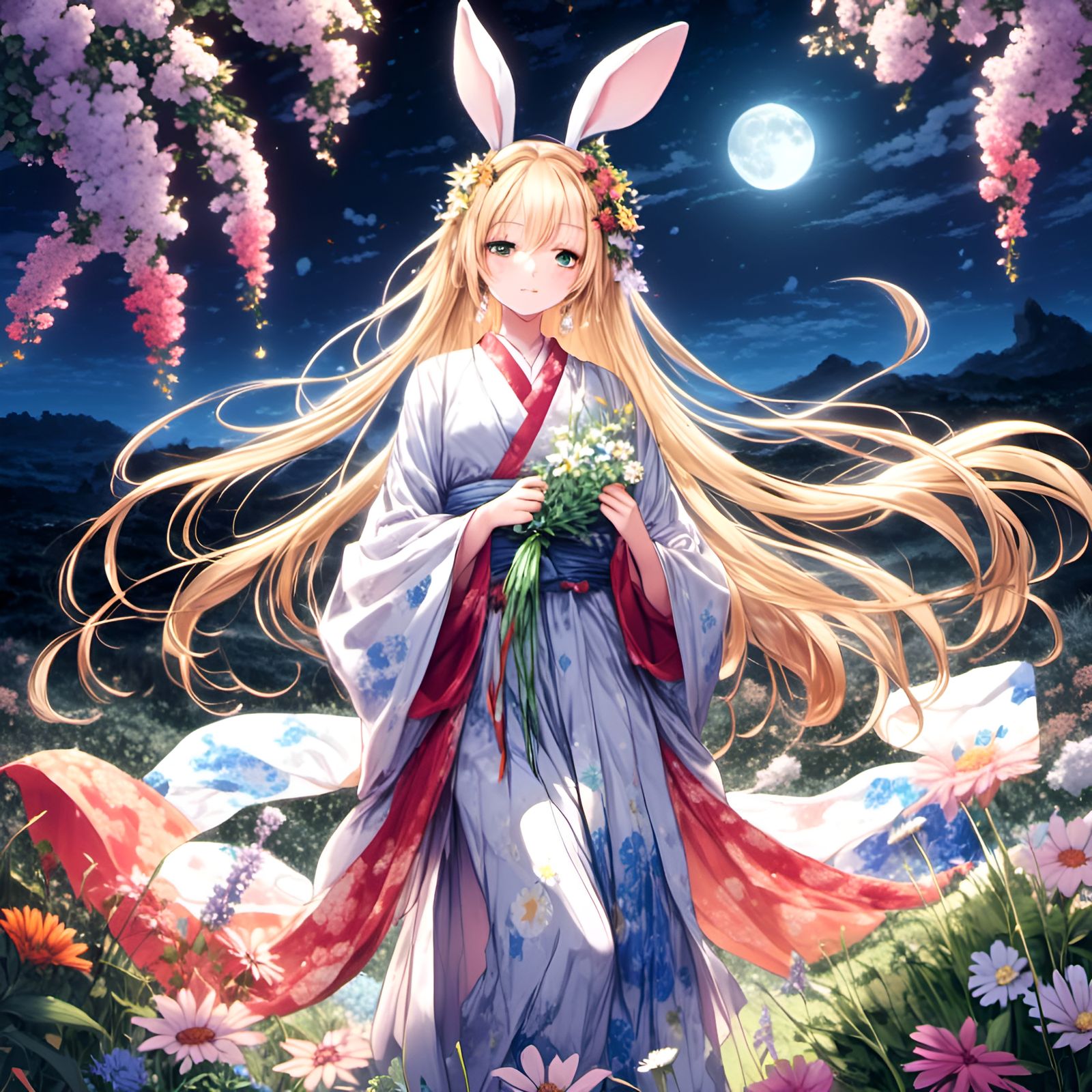 Anime Rabbit Girl in Moonlit Flower Field