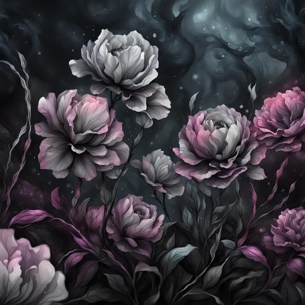 Inked Flowers and Leaves in Detailed Matte Painting