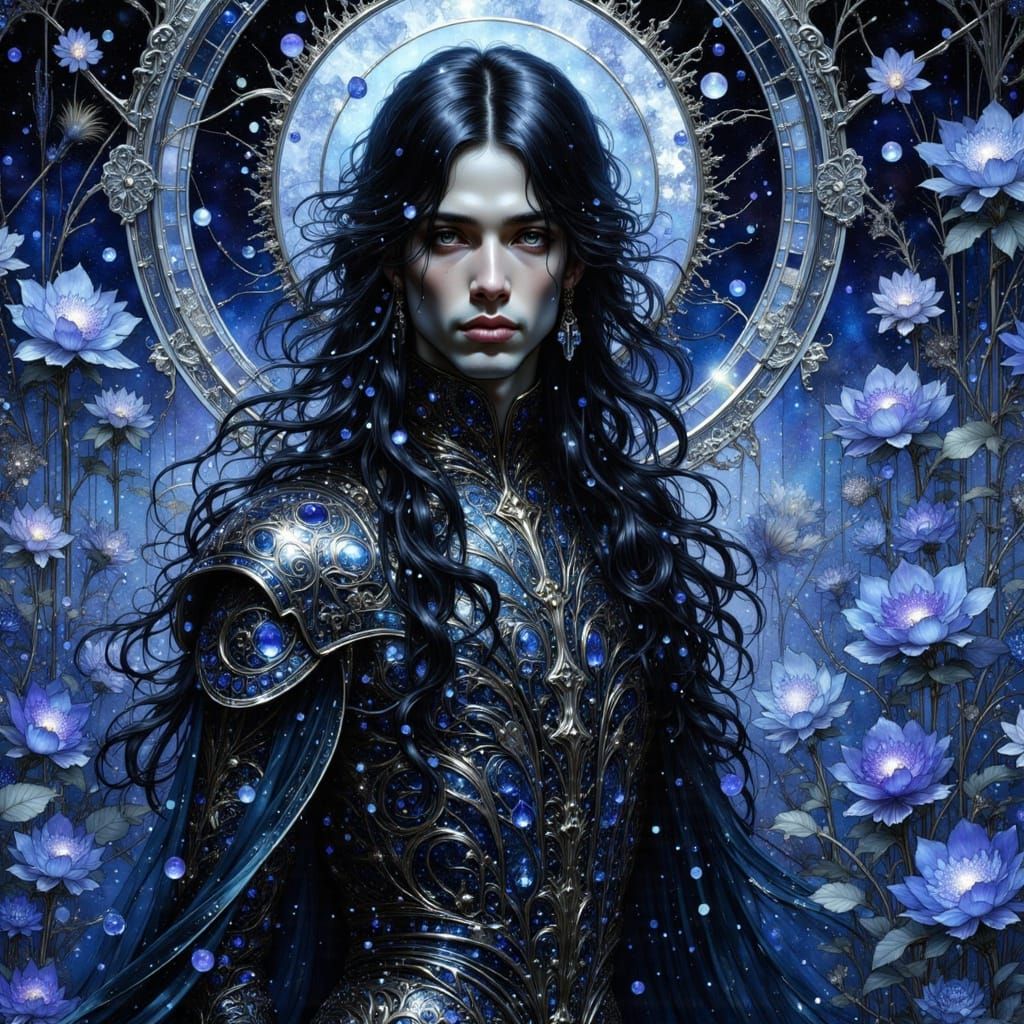 Gothic Man in Moonlit Garden, Art Nouveau Style