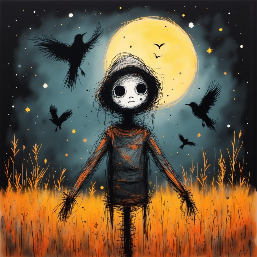 Sad Scarecrow Cries Under Full Moon Attacked by Crows