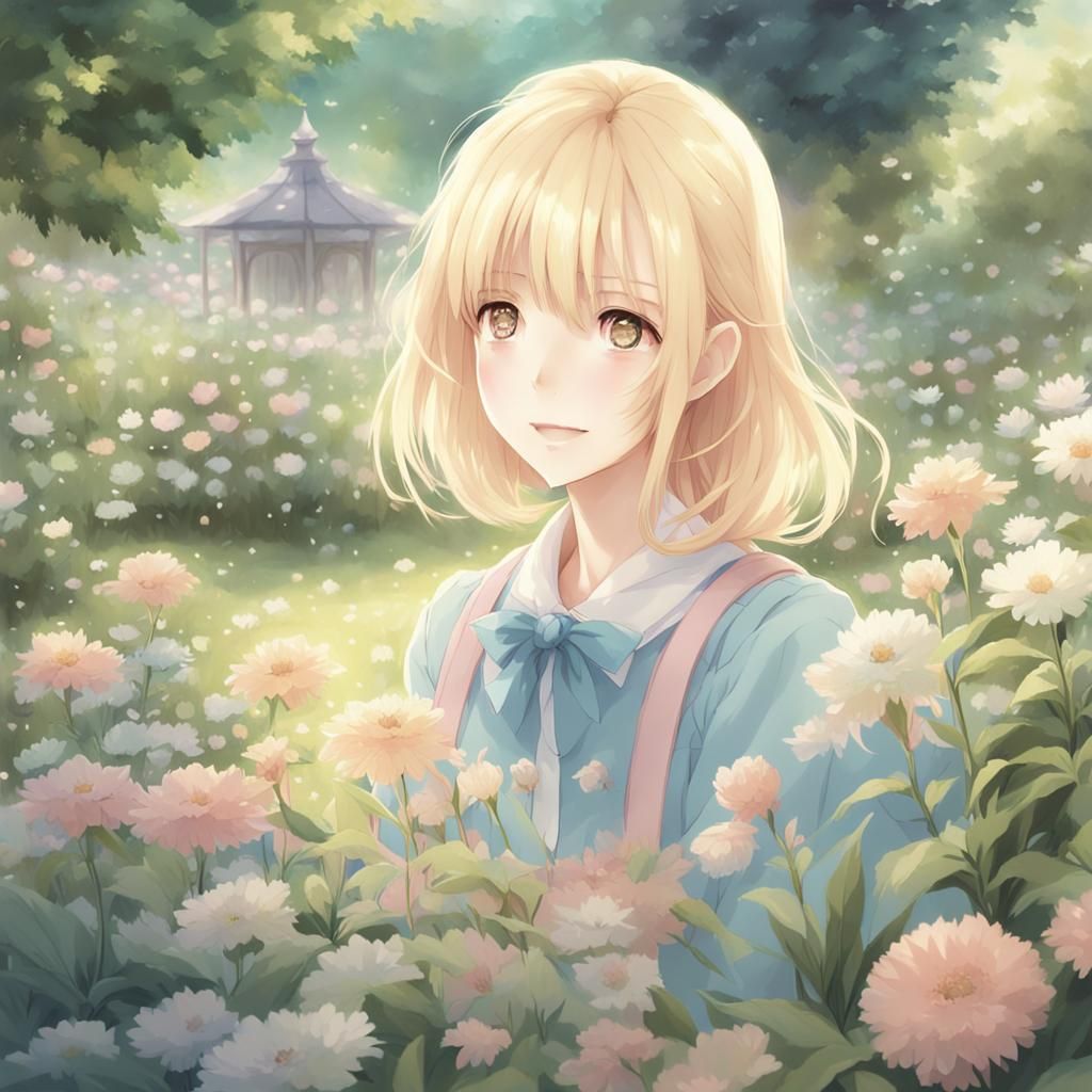 Anime Style Blonde Female in Pastel Garden