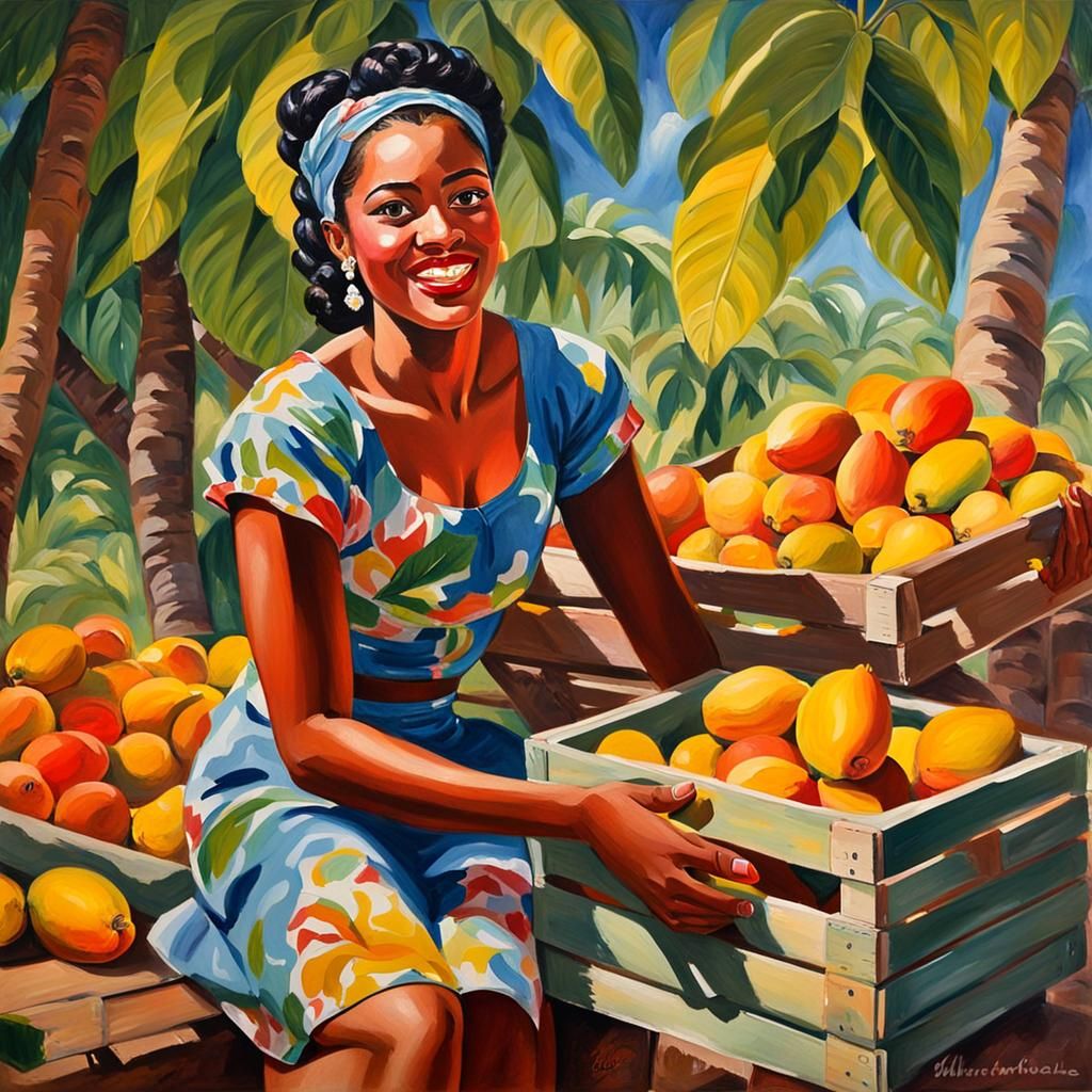 Caribbean Mango Harvest: Vintage Gouache Portrait