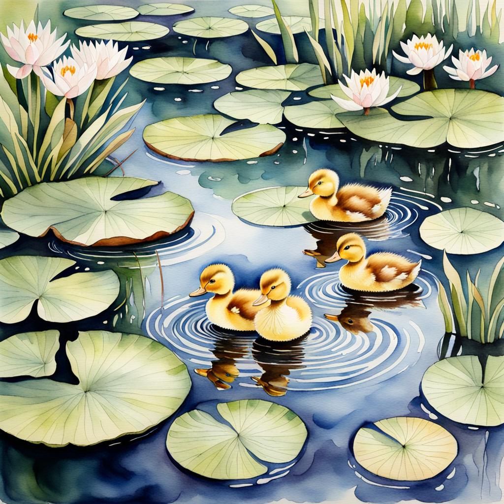 Watercolor Pond Landscape with Ducklings