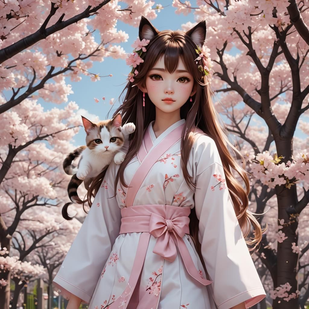 Cute Korean Girl in Kawaii Outfit with Cherry Blossoms