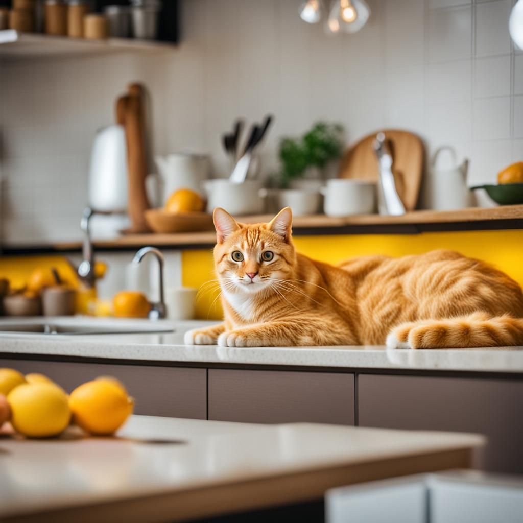 Yellow Cat on Kitchen Counter, Professional Photography