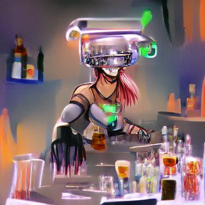 Cyborg Bartender Girl in Cyberpunk Style