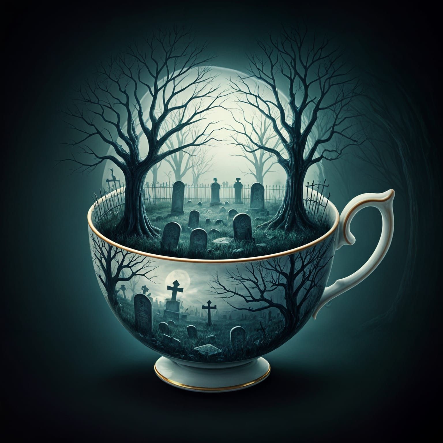 Haunted Graveyard Scene Inside a Teacup