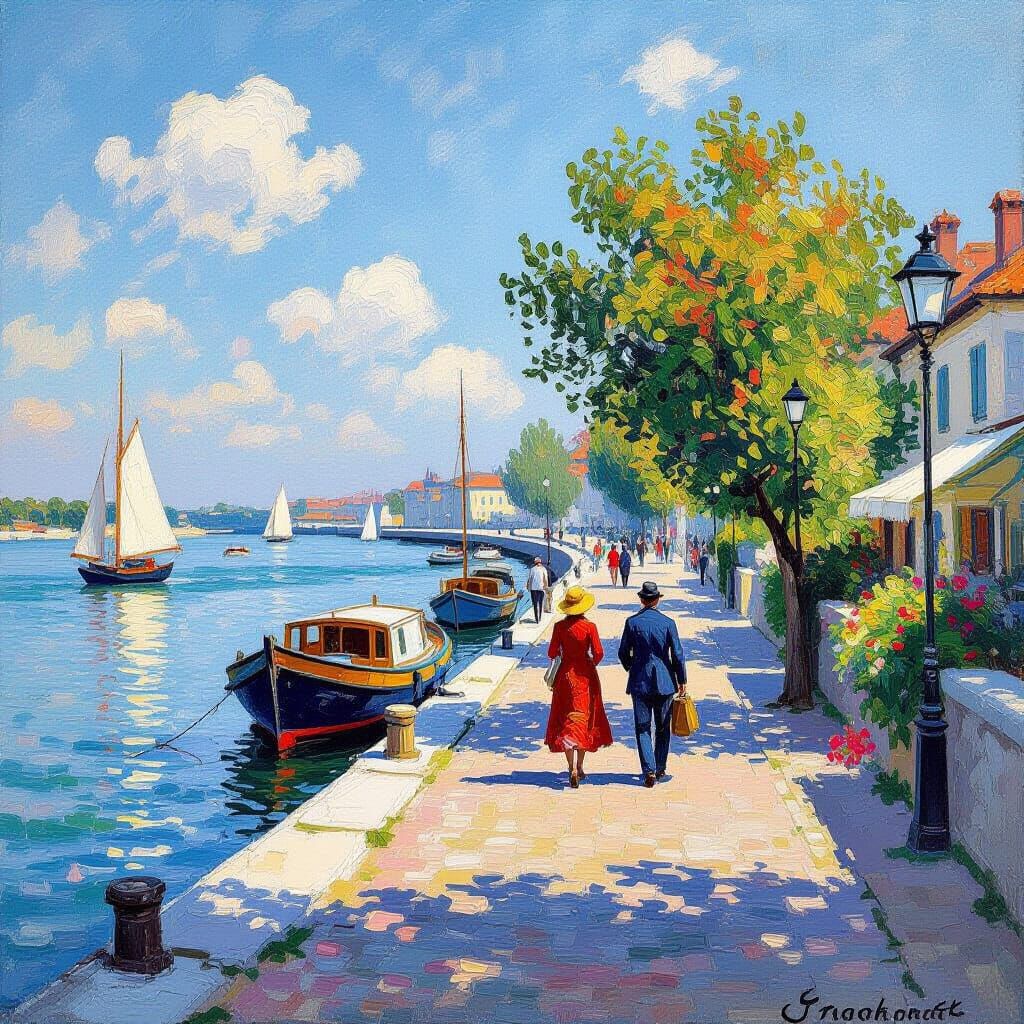 Singapore River Quay Scene in Impressionist Style