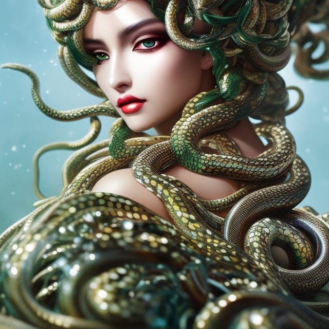 Anime Medusa with Glistening Skin and Snakes