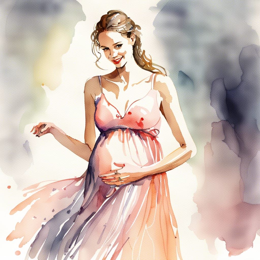Joyful Pregnant Woman Dancing: Watercolor Art