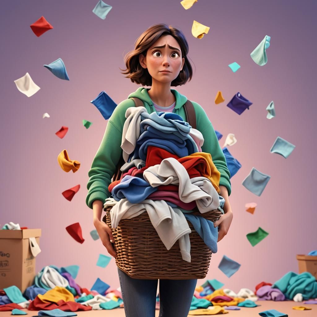 Frustrated Woman with Laundry in Pixar Style