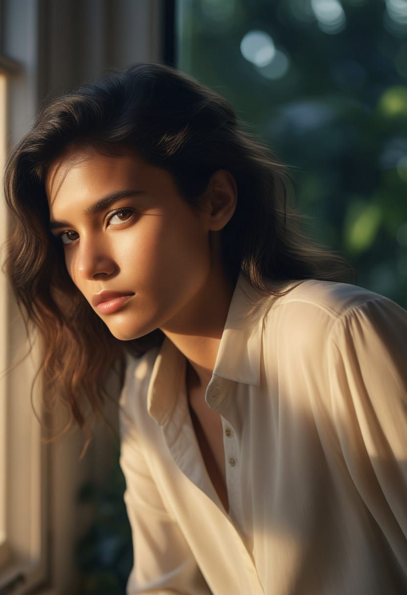 Elegant Woman in Sunlit Studio