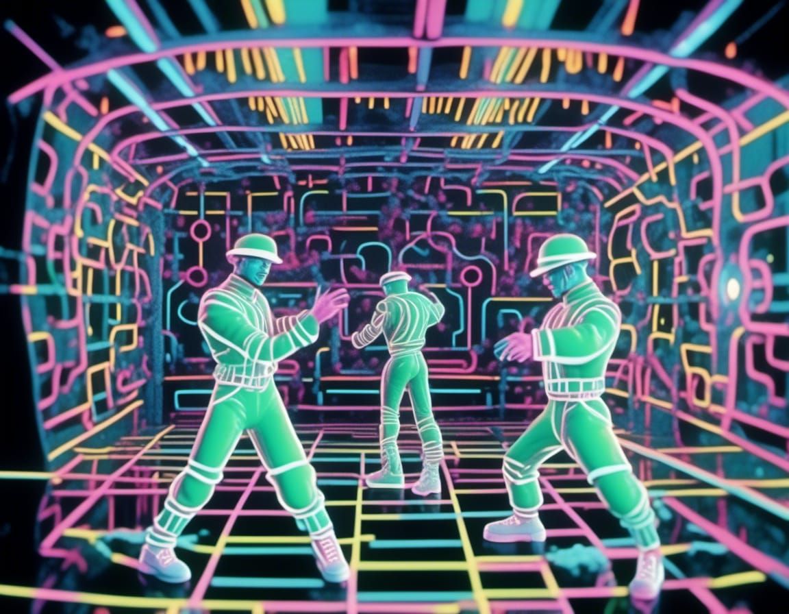 <lora:3D Mapping:1.0> Gay guys dancing in electric looking techno club, 1989, hypermodernism, macro photography, Polycou...