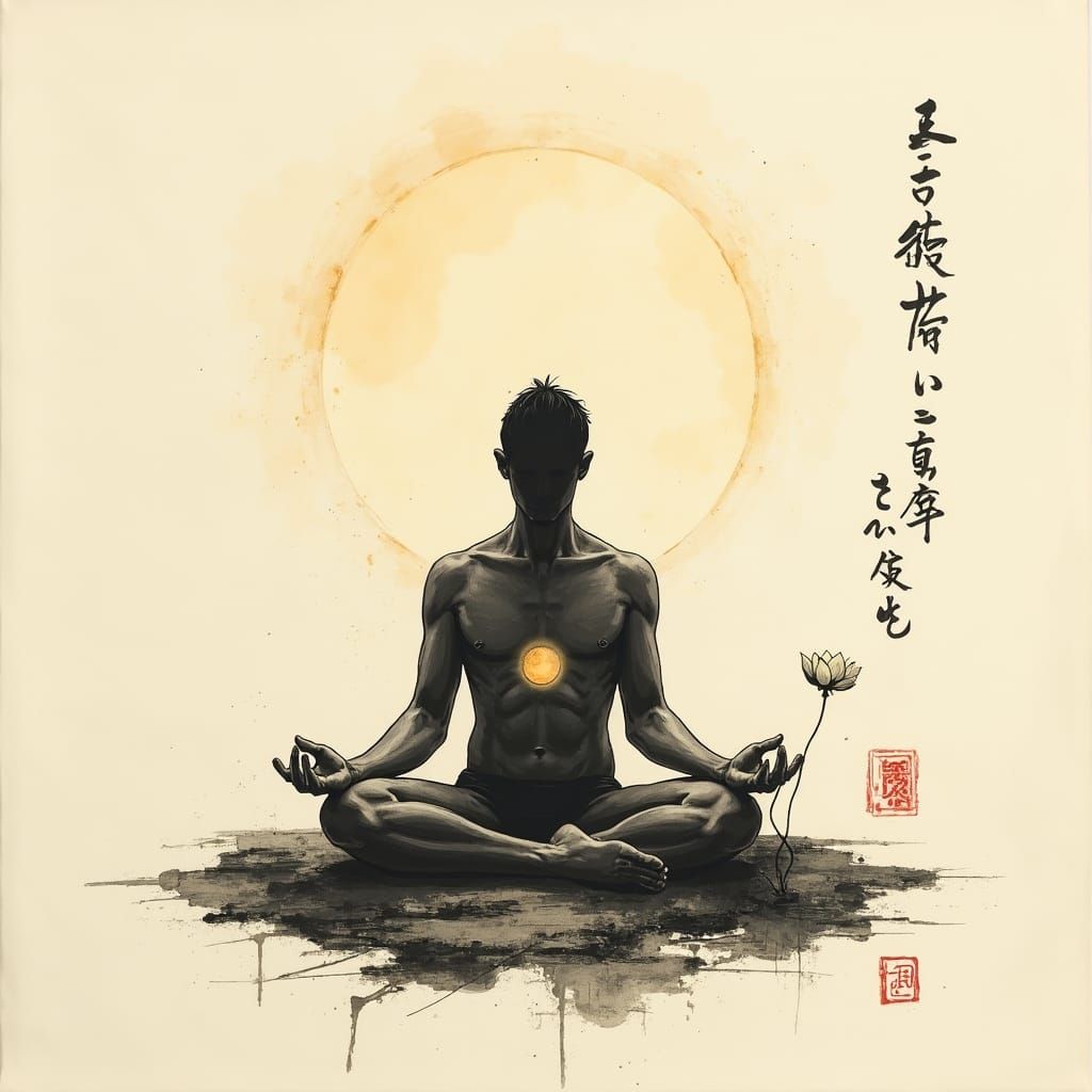 Meditative Figure in Zen Enso Circle with Sumi Ink