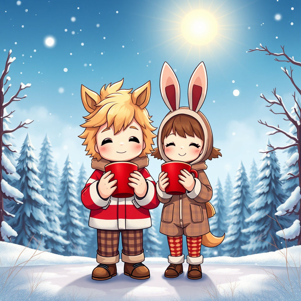 Chibi Characters in Winter Forest, Fantasy Concept Art