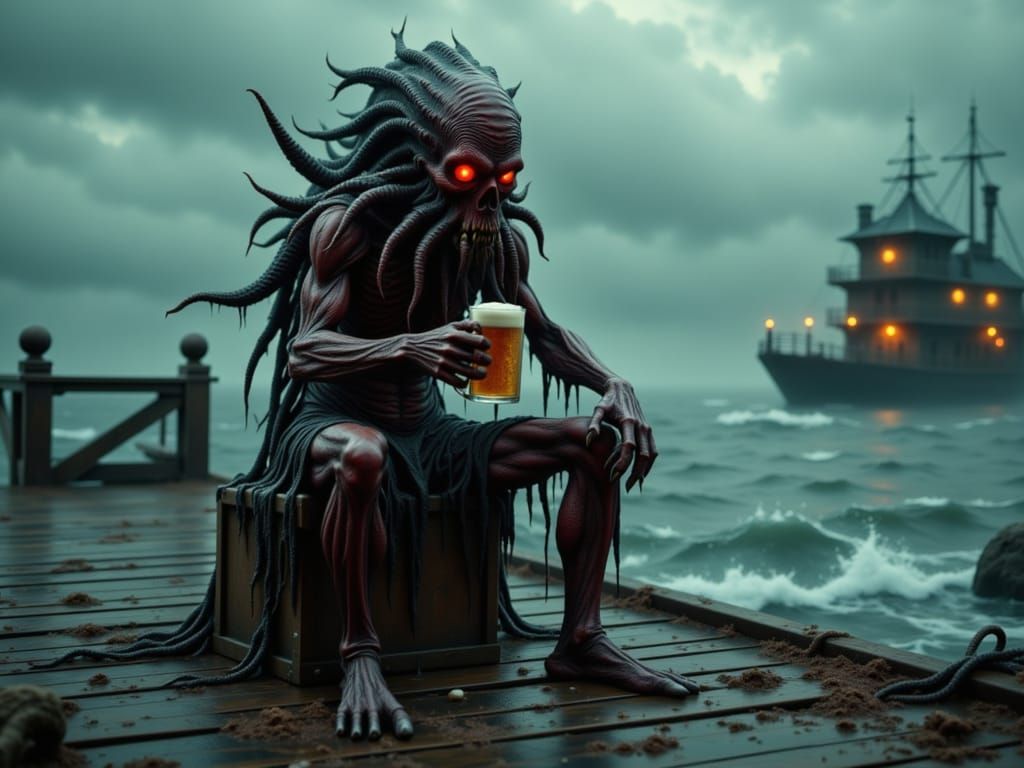 Humanoid Cthulhu Man With Glowing Red Eyes Drinking Beer