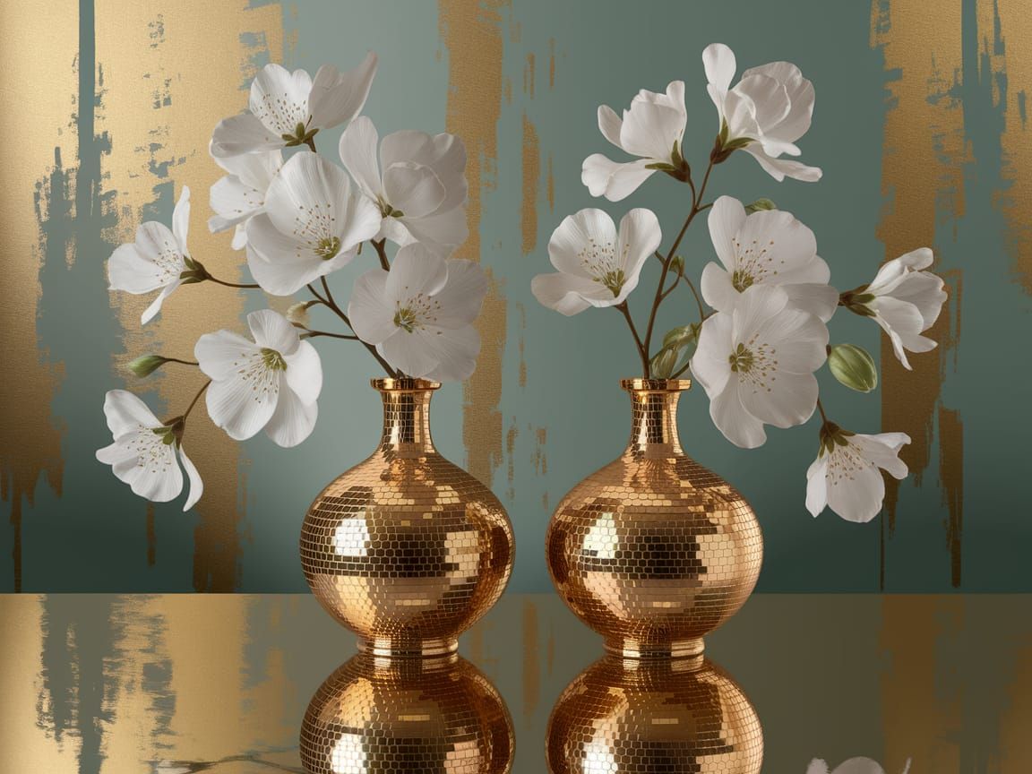 Golden Vases with Delicate White Blossoms in Serene Still Li...