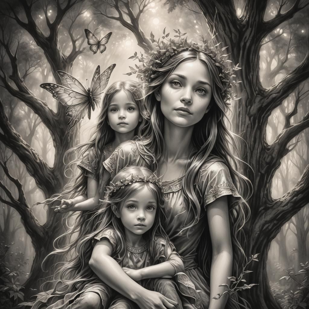 Monochrome Fairy Mother with Twins in Enchanted Forest