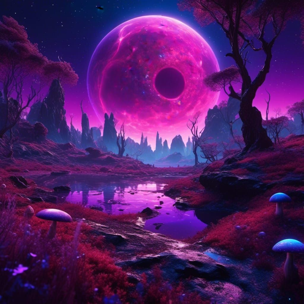 Dark Purple Alien Planet with Rings and Blue Sun