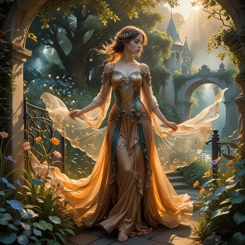 Enchanted Garden Sanctuary in Whimsical Art Nouveau Style