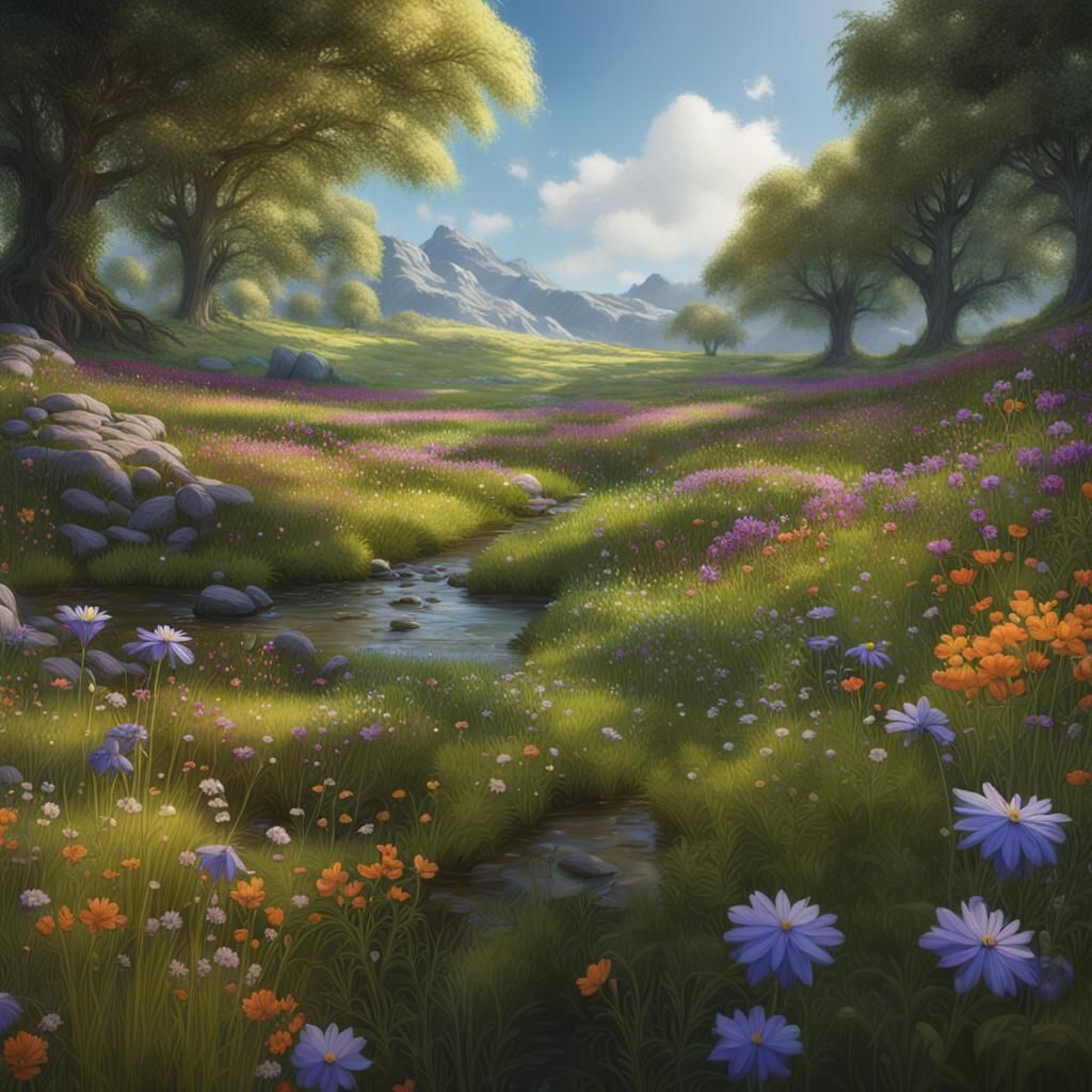 Springtime Meadow with Wildflowers in Matte Painting Style