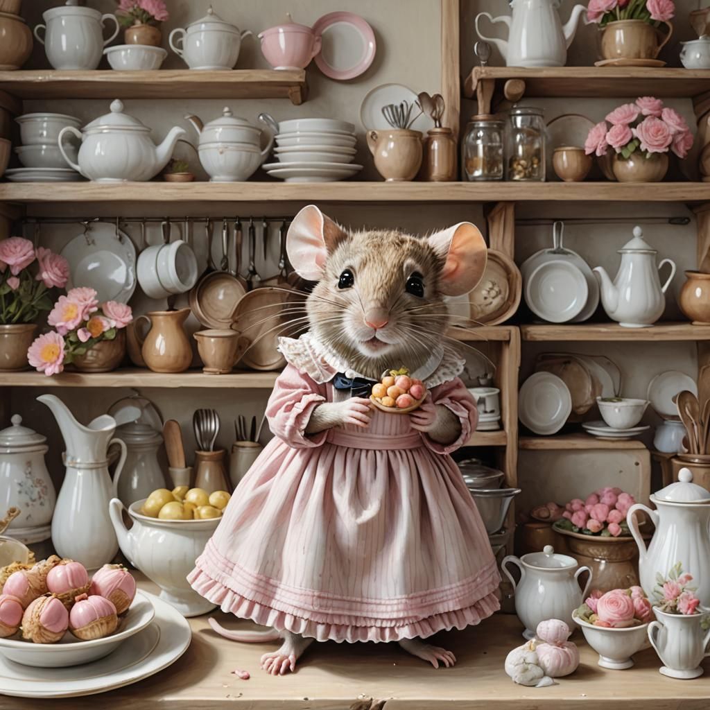 Mouse Arranging Flowers, Beatrix Potter Style