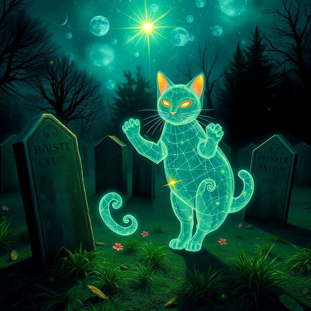 Ethereal Ghost Cat in Graveyard Scene