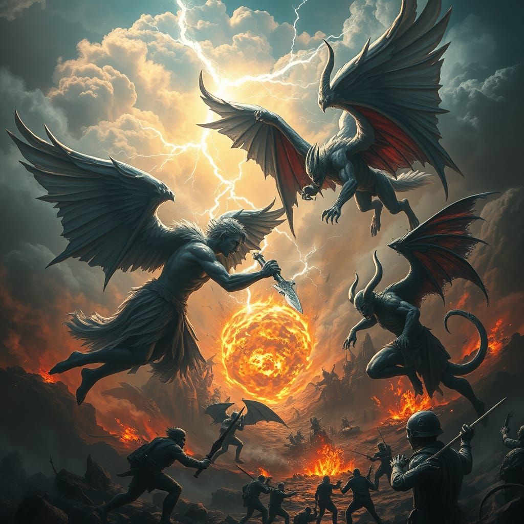 Angels and Demons Clash in War-Torn Landscape