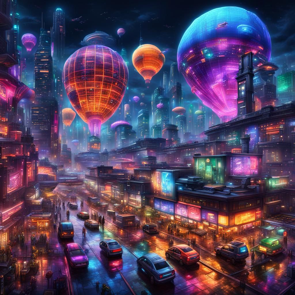 Cyberpunk Cityscape at Night in Panoramic View