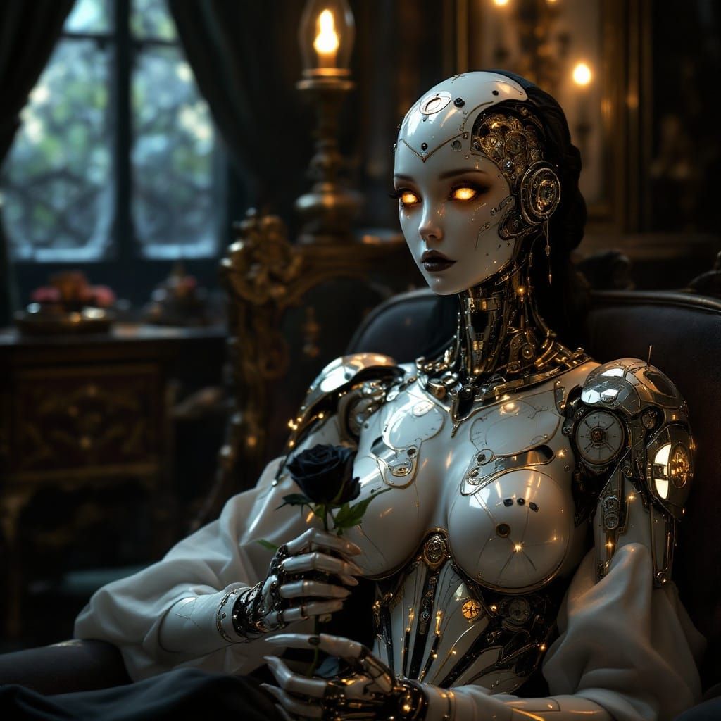 Android in Victorian Parlor: Steampunk Digital Art