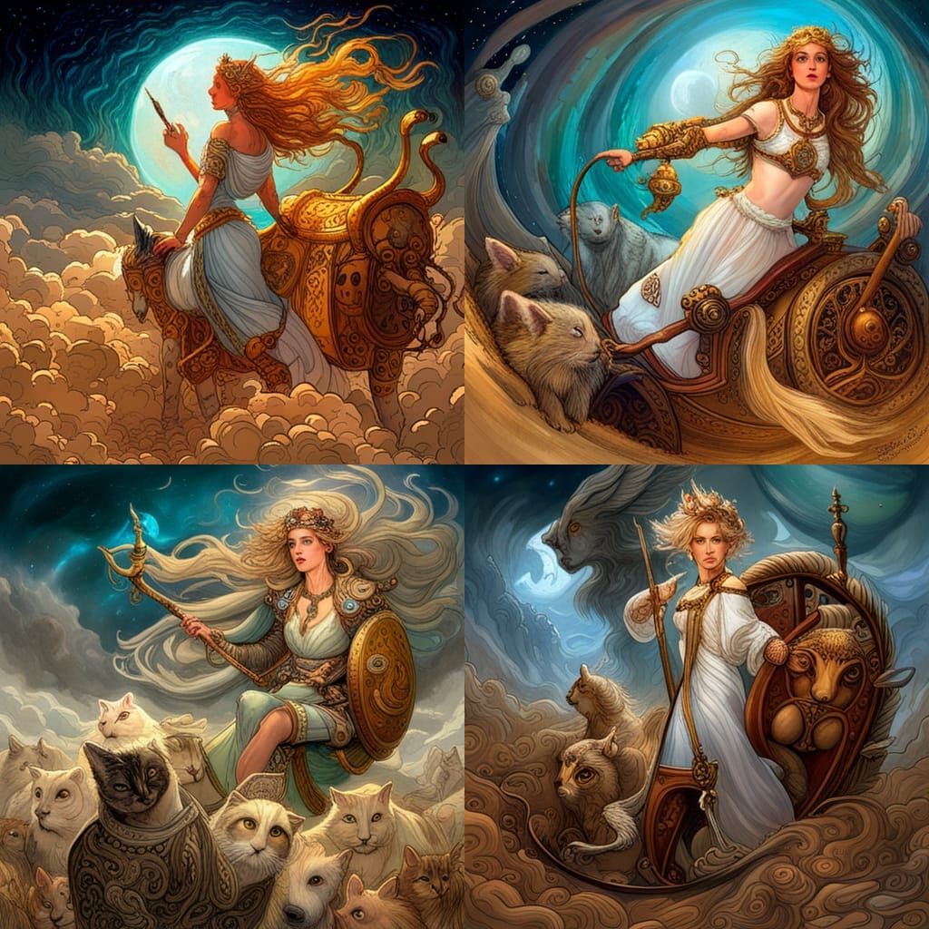 Goddess Freya's Cat Chariot: Black Ink Masterpiece